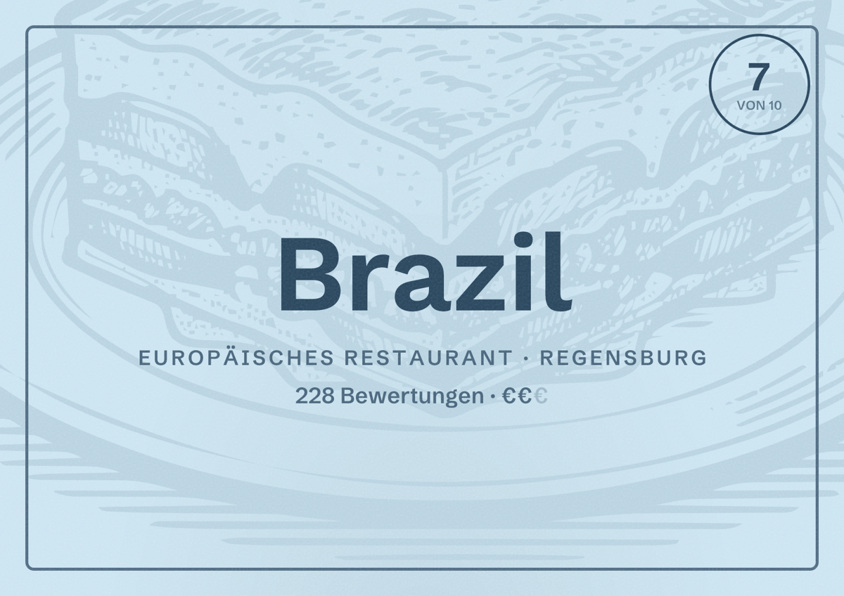 Illustriertes Poster von Brazil, Europäisches Restaurant in Regensburg: Bewertung 7,0 von 10 aus 228 Bewertungen, Preisniveau €€
