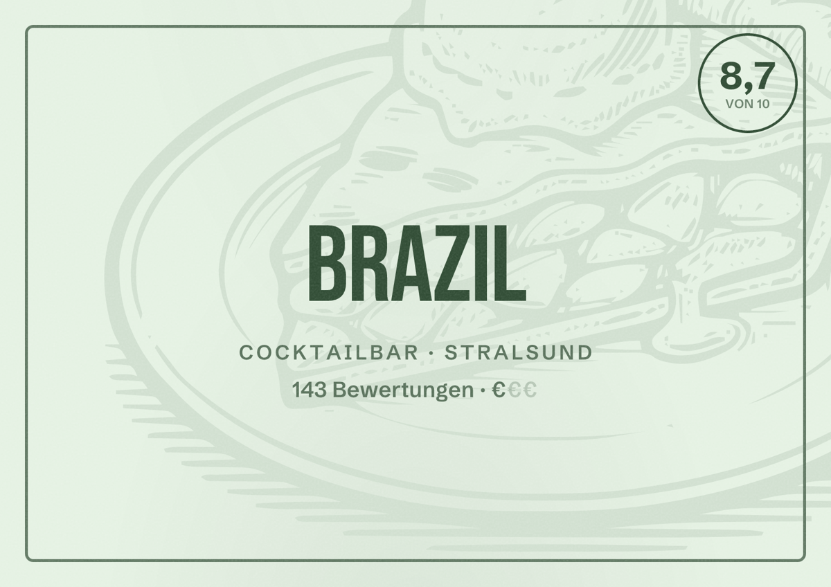 Illustriertes Poster von Brazil, Cocktailbar in Stralsund: Bewertung 8,7 von 10 aus 143 Bewertungen, Preisniveau €