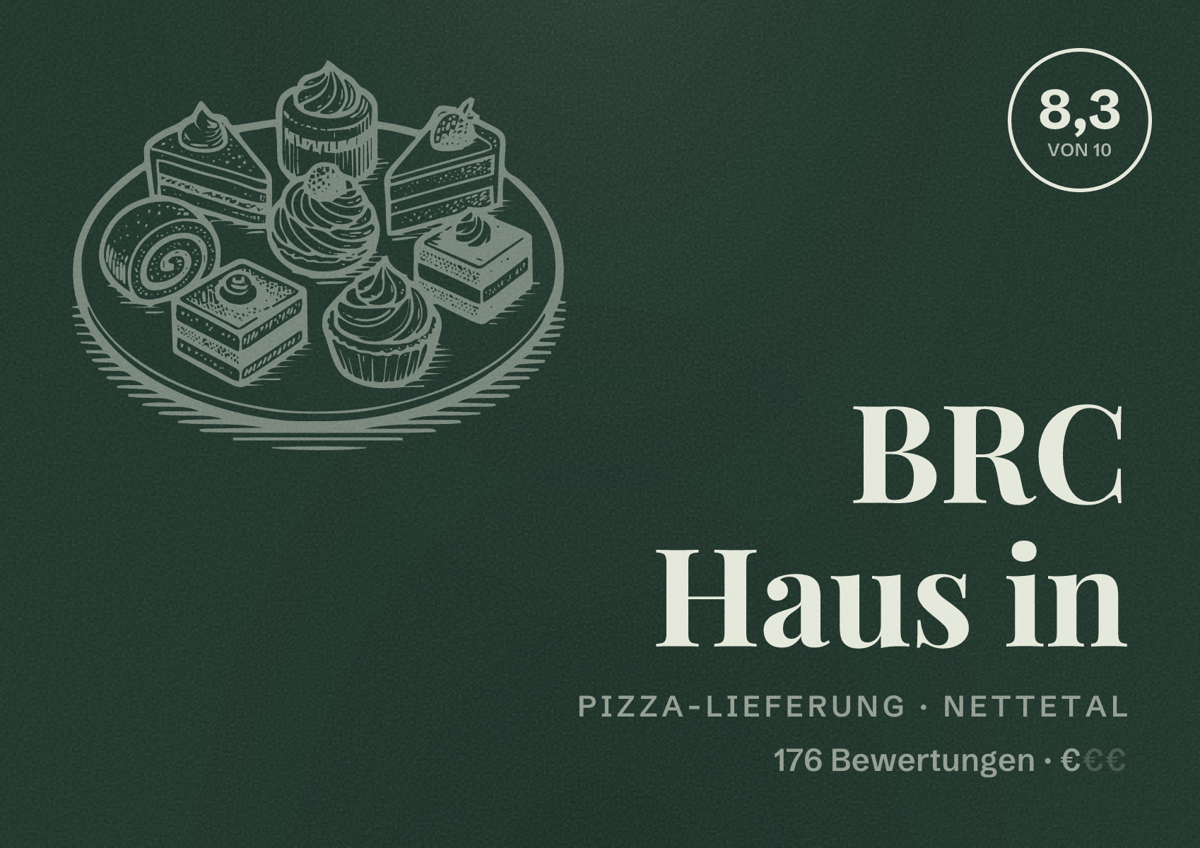 Illustriertes Poster von BRC Haus in, Pizza-Lieferung in Nettetal: Bewertung 8,3 von 10 aus 176 Bewertungen, Preisniveau €
