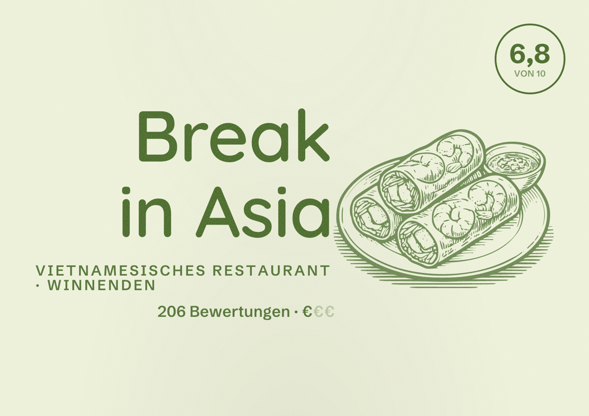 Illustriertes Poster von Break in Asia, Vietnamesisches Restaurant in Winnenden: Bewertung 6,8 von 10 aus 206 Bewertungen, Preisniveau €