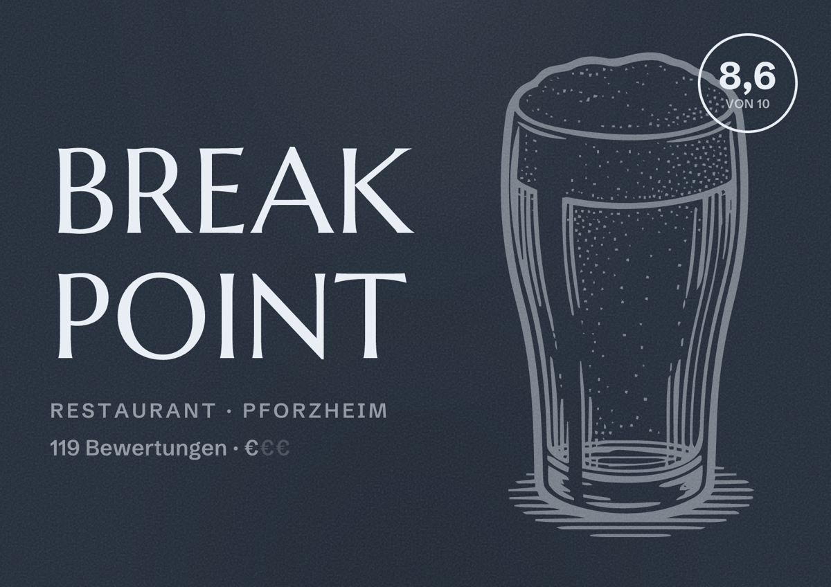 Illustriertes Poster von Break Point, Restaurant in Pforzheim: Bewertung 8,6 von 10 aus 119 Bewertungen, Preisniveau €