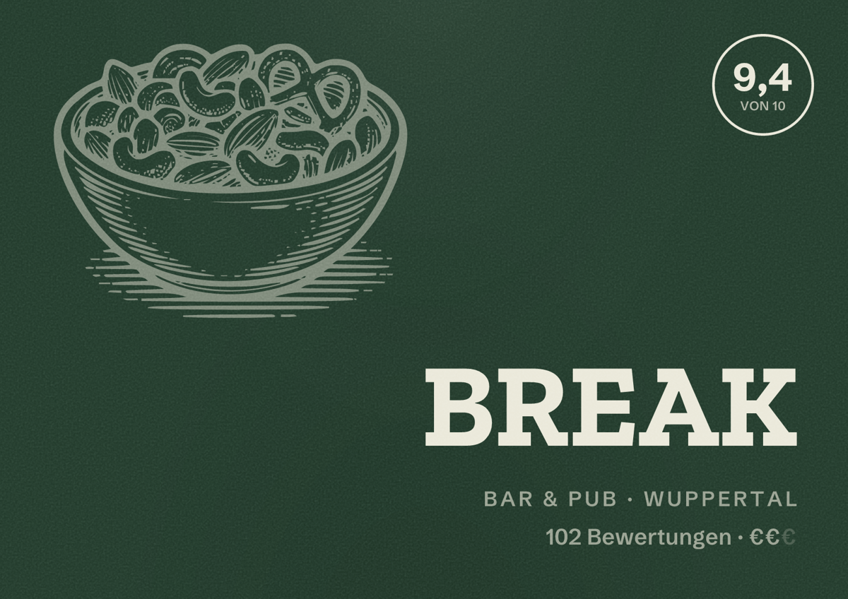 Illustriertes Poster von BREAK, Bar & Pub in Wuppertal: Bewertung 9,4 von 10 aus 102 Bewertungen, Preisniveau €€