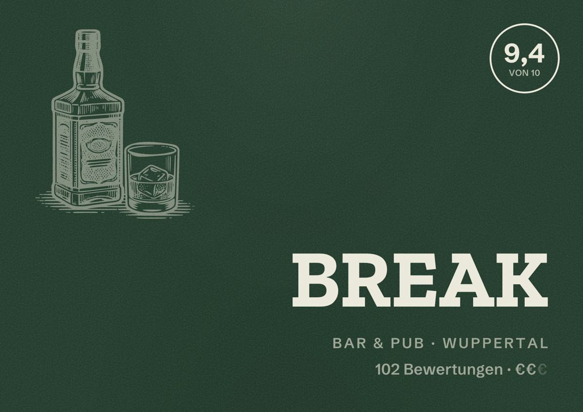 Illustriertes Poster von BREAK, Bar & Pub in Wuppertal: Bewertung 9,4 von 10 aus 102 Bewertungen, Preisniveau €€