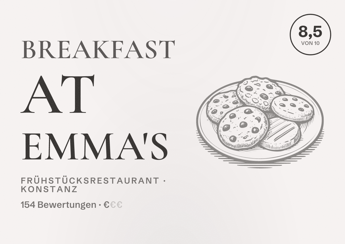 Illustriertes Poster von Breakfast at Emma's, Frühstücksrestaurant in Konstanz: Bewertung 8,5 von 10 aus 154 Bewertungen, Preisniveau €