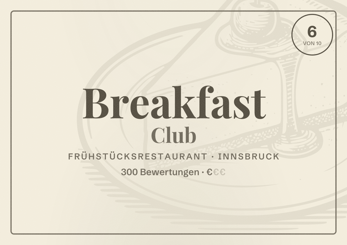 Illustriertes Poster von Breakfast Club, Frühstücksrestaurant in Innsbruck: Bewertung 6 von 10 aus 300 Bewertungen, Preisniveau €