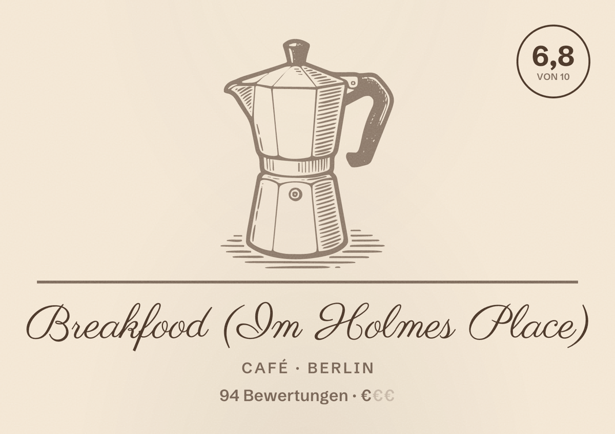Illustriertes Poster von Breakfood (Im Holmes Place), Café in Berlin: Bewertung 6,8 von 10 aus 94 Bewertungen, Preisniveau €