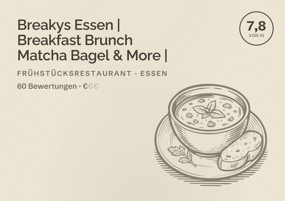 Illustriertes Poster von Breakys Essen | Breakfast Brunch Matcha Bagel & More |, Frühstücksrestaurant in Essen: Bewertung 7,8 von 10 aus 60 Bewertungen, Preisniveau €