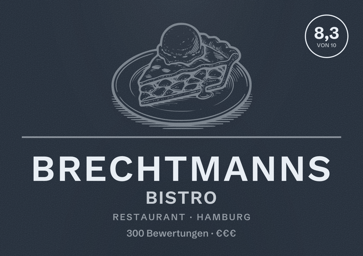 Illustriertes Poster von Brechtmanns Bistro, Restaurant in Hamburg: Bewertung 8,3 von 10 aus 300 Bewertungen, Preisniveau €€€