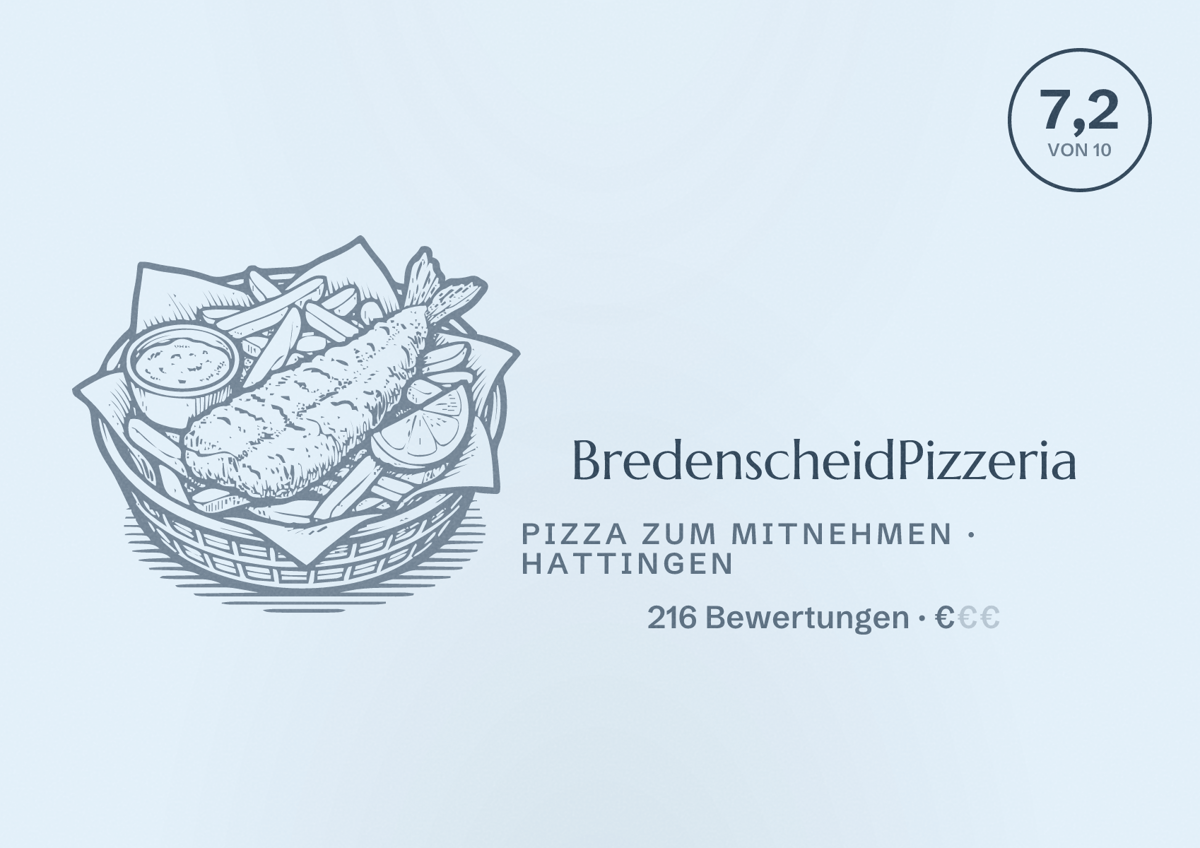 Illustriertes Poster von BredenscheidPizzeria, Pizza zum Mitnehmen in Hattingen: Bewertung 7,2 von 10 aus 216 Bewertungen, Preisniveau €