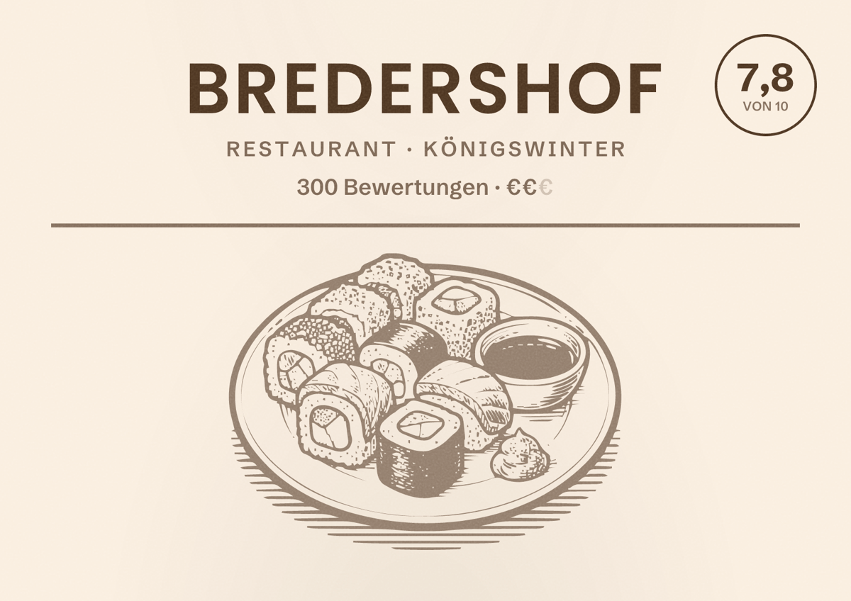 Illustriertes Poster von Bredershof, Restaurant in Königswinter: Bewertung 7,8 von 10 aus 300 Bewertungen, Preisniveau €€