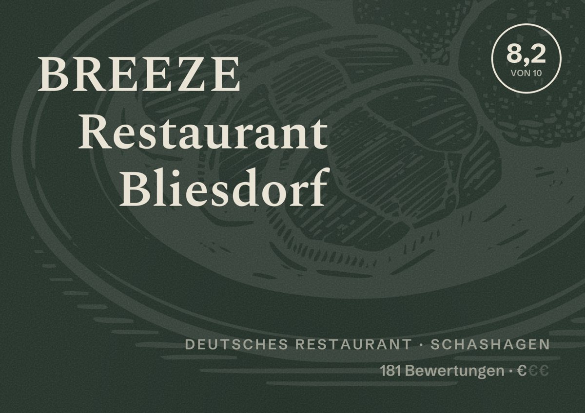 Illustriertes Poster von BREEZE Restaurant Bliesdorf, Deutsches Restaurant in Schashagen: Bewertung 8,2 von 10 aus 181 Bewertungen, Preisniveau €