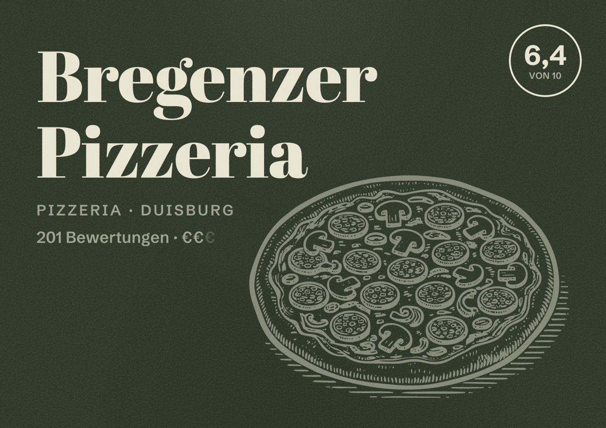 Illustriertes Poster von Bregenzer Pizzeria, Pizzeria in Duisburg: Bewertung 6,4 von 10 aus 201 Bewertungen, Preisniveau €€