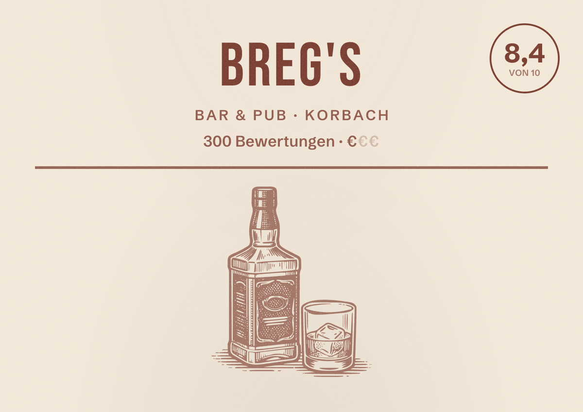 Illustriertes Poster von Breg's, Bar & Pub in Korbach: Bewertung 8,4 von 10 aus 300 Bewertungen, Preisniveau €
