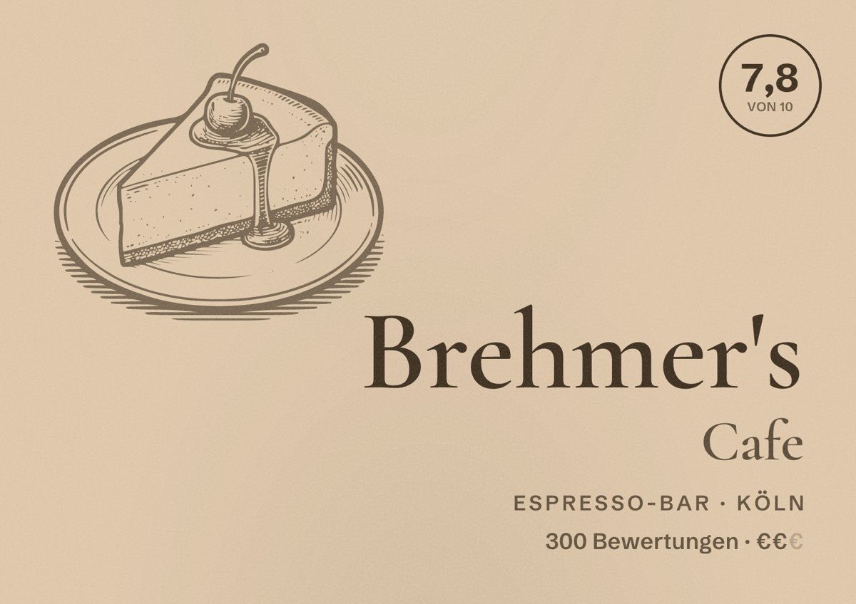 Illustriertes Poster von Brehmer's Cafe, Espresso-Bar in Köln: Bewertung 7,8 von 10 aus 300 Bewertungen, Preisniveau €€