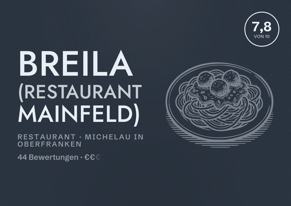 Illustriertes Poster von Breila (Restaurant Mainfeld), Restaurant in Michelau in Oberfranken: Bewertung 7,8 von 10 aus 44 Bewertungen, Preisniveau €€