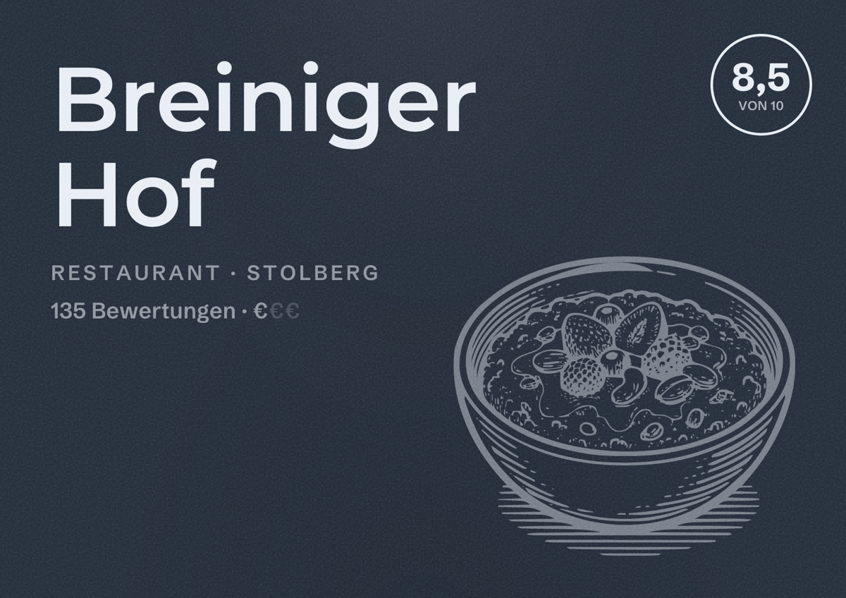 Illustriertes Poster von Breiniger Hof, Restaurant in Stolberg: Bewertung 8,5 von 10 aus 135 Bewertungen, Preisniveau €