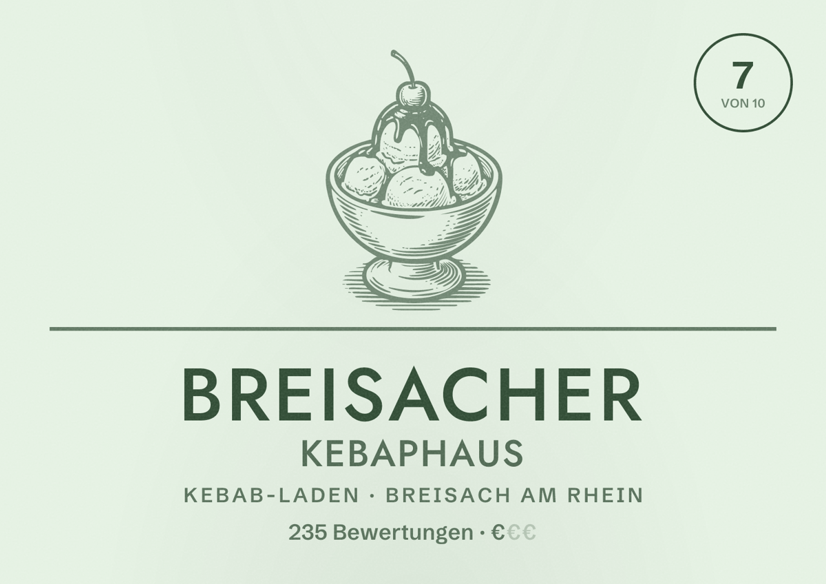 Illustriertes Poster von Breisacher Kebaphaus, Kebab-Laden in Breisach am Rhein: Bewertung 7 von 10 aus 235 Bewertungen, Preisniveau €