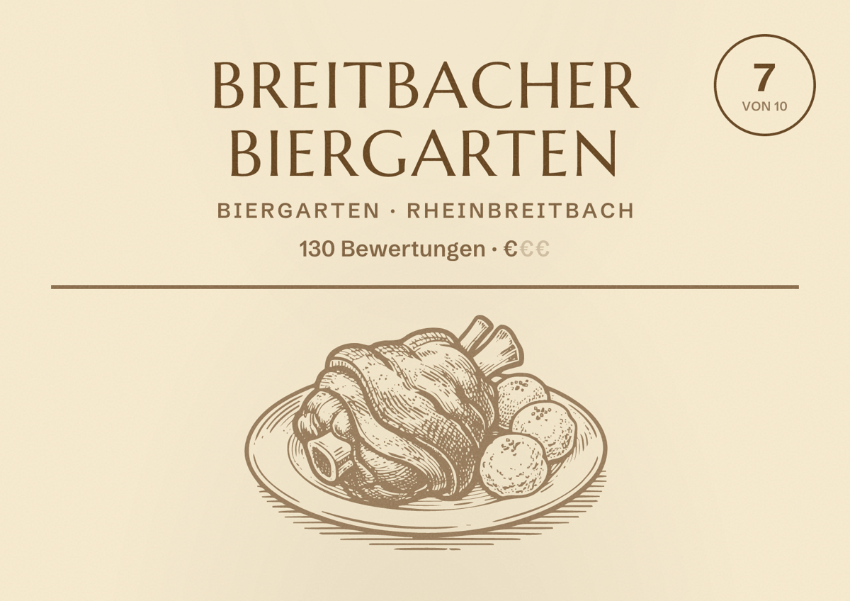 Illustriertes Poster von Breitbacher Biergarten, Biergarten in Rheinbreitbach: Bewertung 7 von 10 aus 130 Bewertungen, Preisniveau €