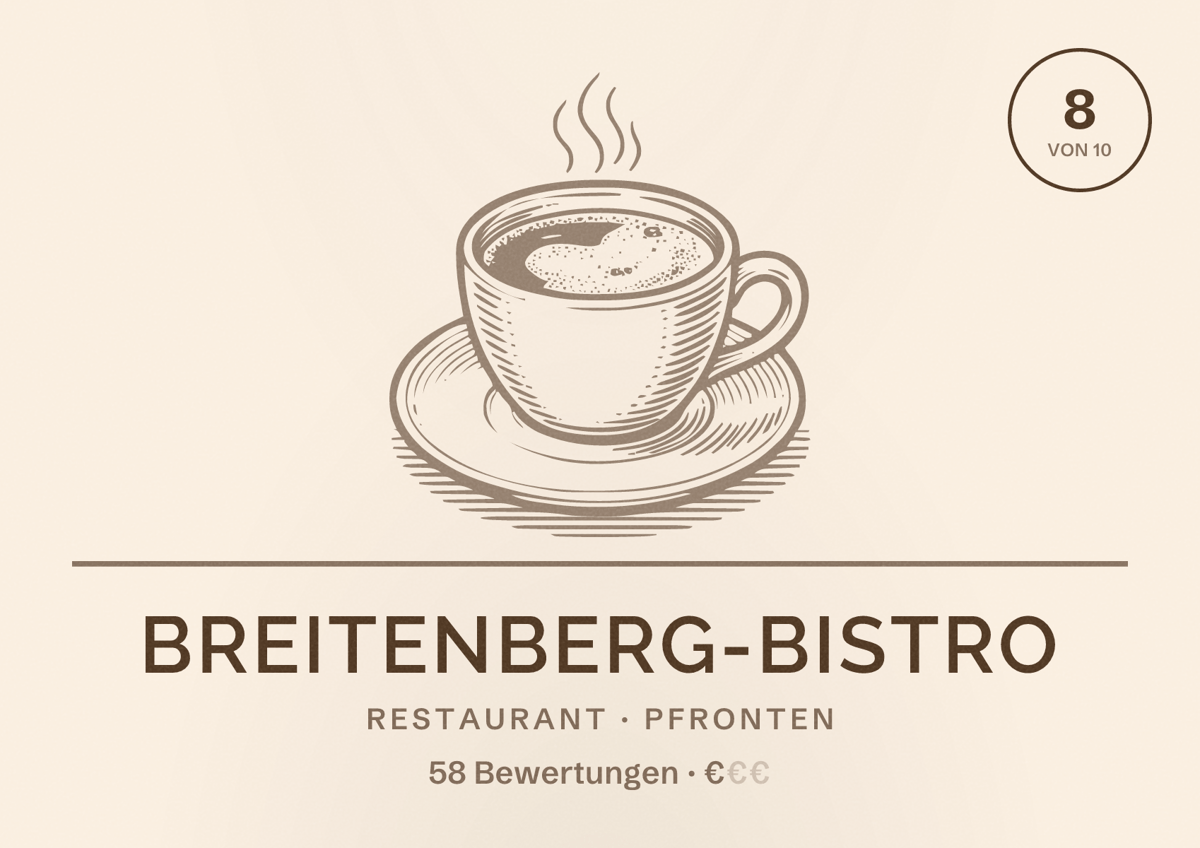 Illustriertes Poster von Breitenberg-Bistro, Restaurant in Pfronten: Bewertung 8 von 10 aus 58 Bewertungen, Preisniveau €