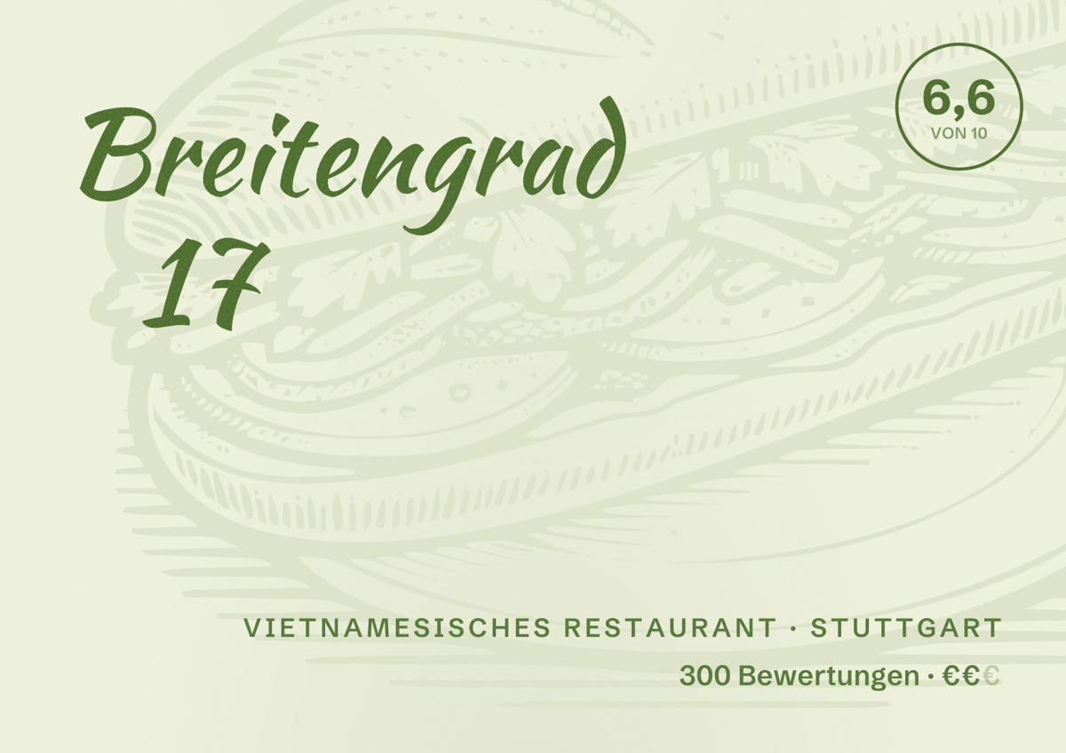 Illustriertes Poster von Breitengrad 17, Vietnamesisches Restaurant in Stuttgart: Bewertung 6,6 von 10 aus 300 Bewertungen, Preisniveau €€