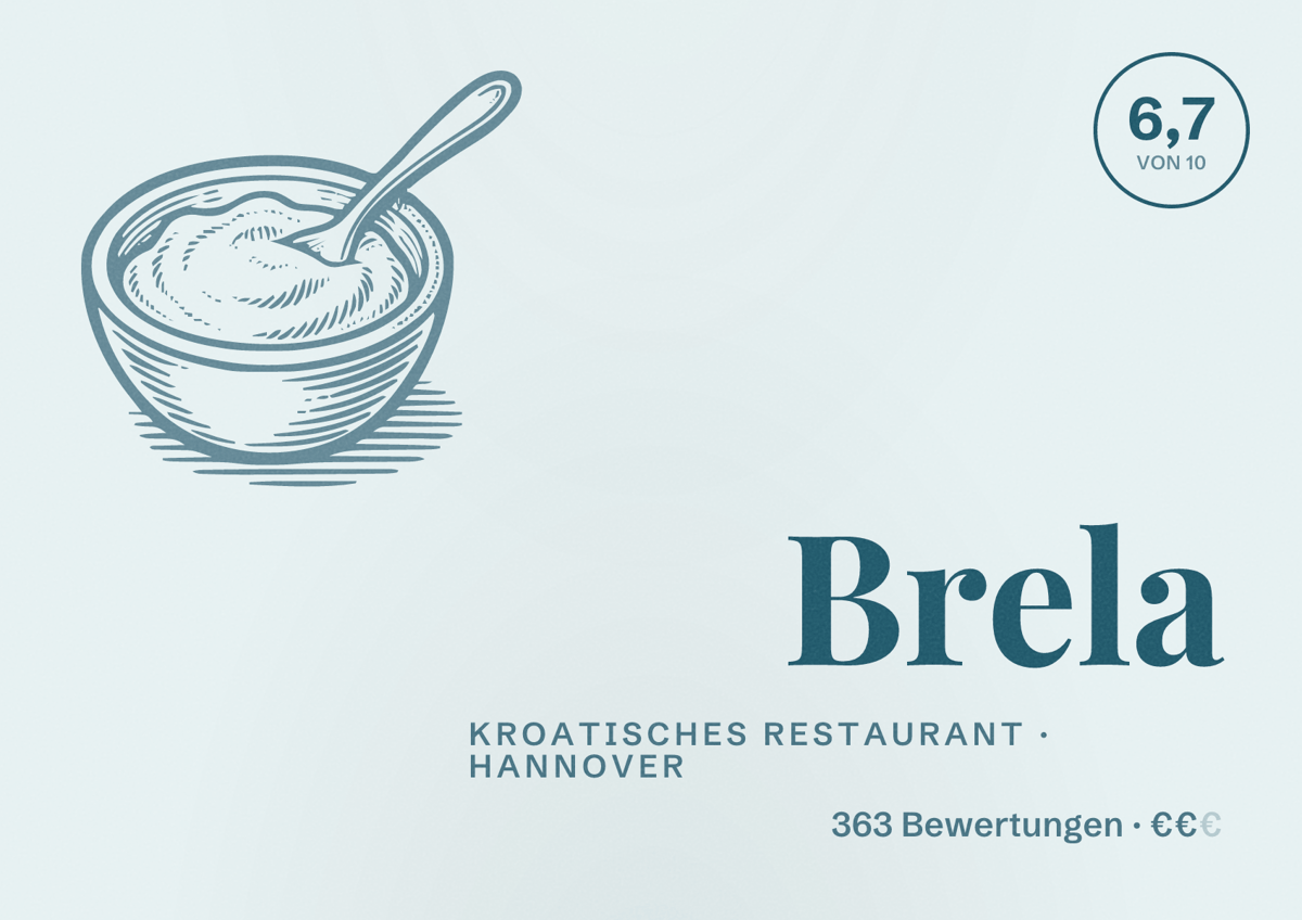 Illustriertes Poster von Brela, Kroatisches Restaurant in Hannover: Bewertung 6,7 von 10 aus 363 Bewertungen, Preisniveau €€