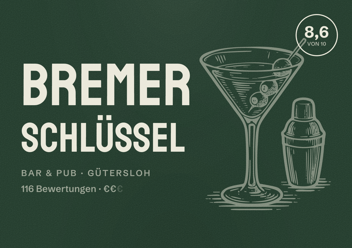 Illustriertes Poster von Bremer Schlüssel, Bar & Pub in Gütersloh: Bewertung 8,6 von 10 aus 116 Bewertungen, Preisniveau €€