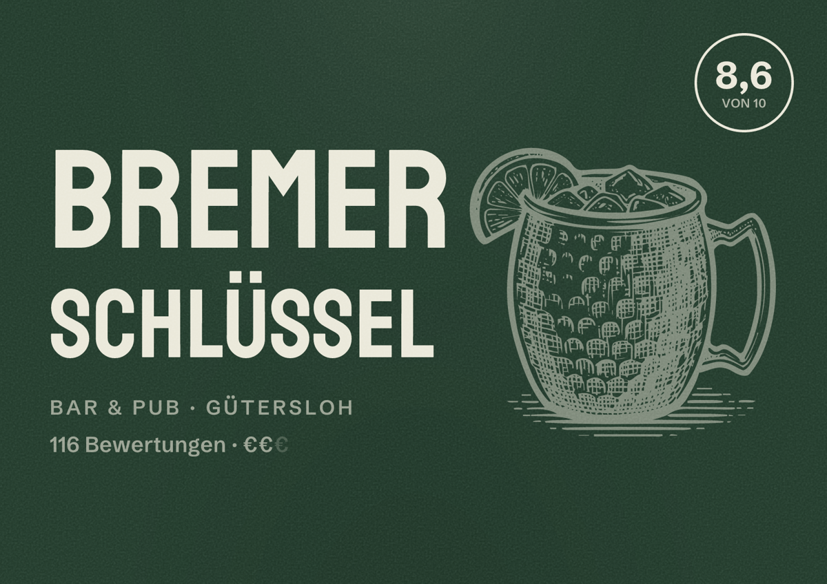 Illustriertes Poster von Bremer Schlüssel, Bar & Pub in Gütersloh: Bewertung 8,6 von 10 aus 116 Bewertungen, Preisniveau €€