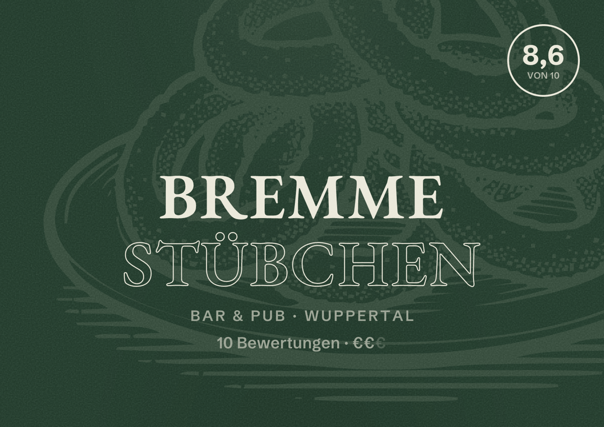 Illustriertes Poster von Bremme Stübchen, Bar & Pub in Wuppertal: Gästebewertung 7,9 von 10 aus 10 Bewertungen
