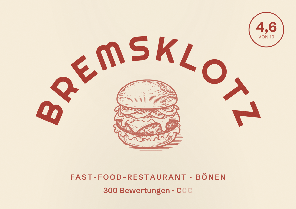 Illustriertes Poster von Bremsklotz, Fast-Food-Restaurant in Bönen: Bewertung 4,6 von 10 aus 300 Bewertungen, Preisniveau €