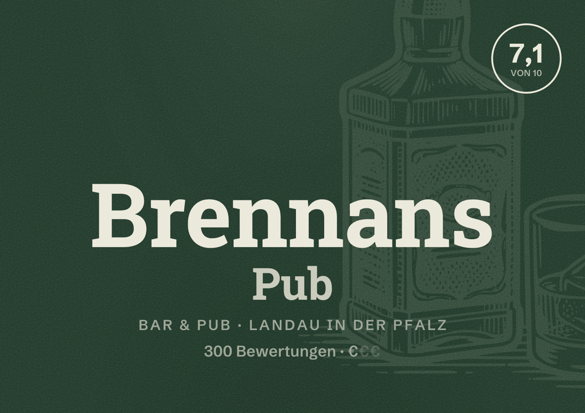 Illustriertes Poster von Brennans Pub, Bar & Pub in Landau in der Pfalz: Bewertung 7,1 von 10 aus 300 Bewertungen, Preisniveau €