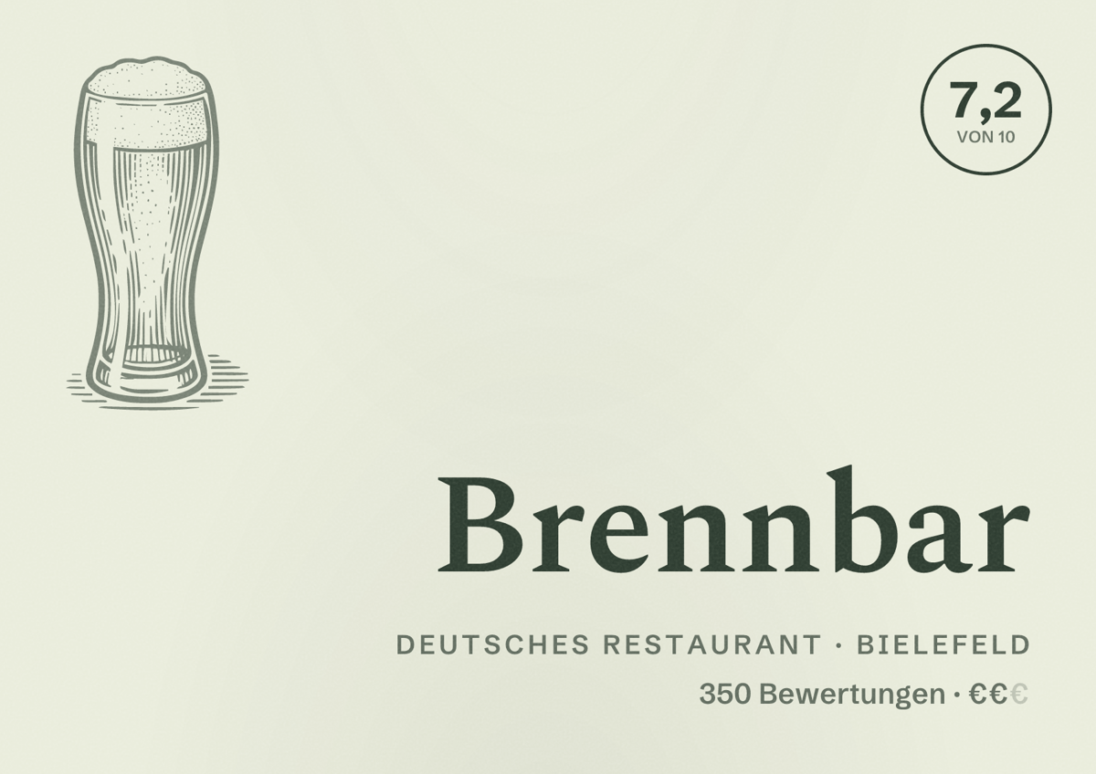Illustriertes Poster von Brennbar, Deutsches Restaurant in Bielefeld: Bewertung 7,2 von 10 aus 350 Bewertungen, Preisniveau €€