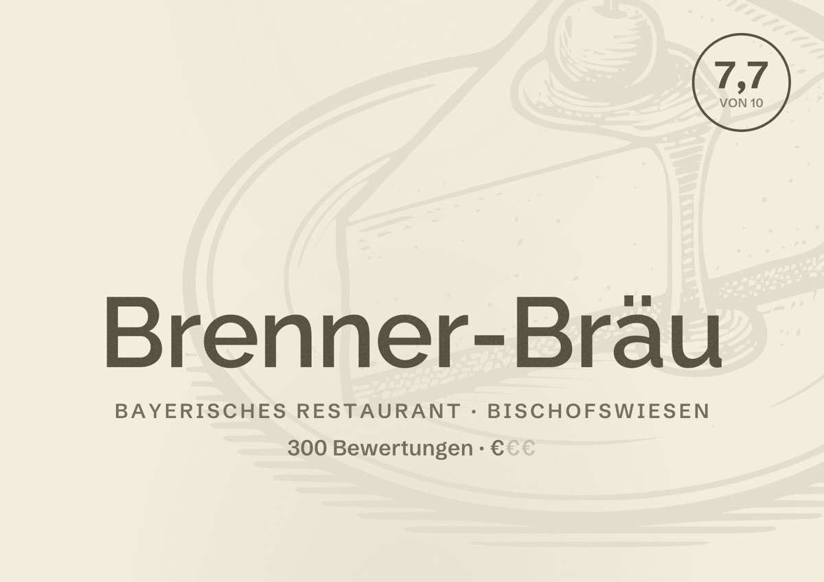 Illustriertes Poster von Brenner-Bräu, Bayerisches Restaurant in Bischofswiesen: Bewertung 7,7 von 10 aus 300 Bewertungen, Preisniveau €