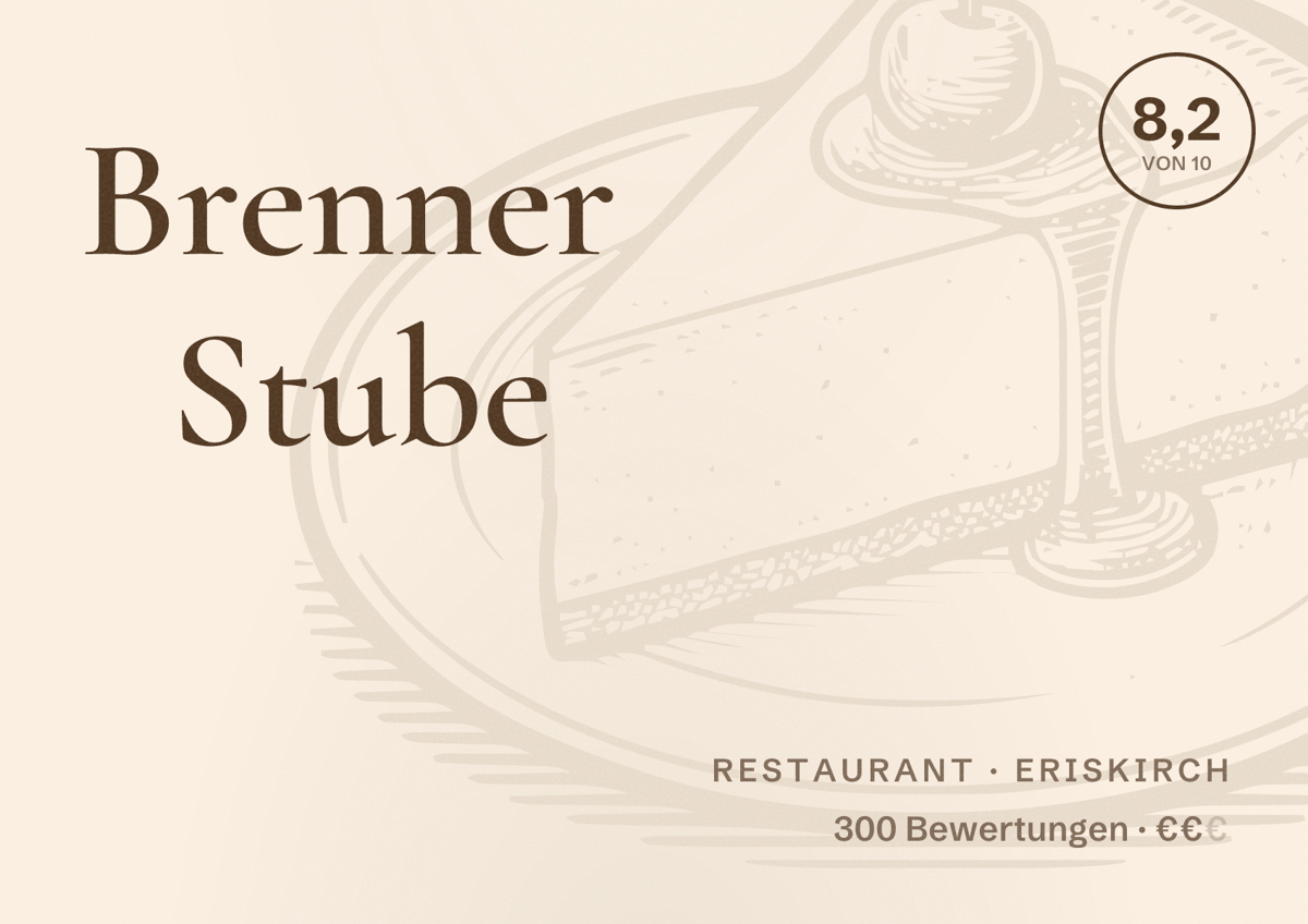 Illustriertes Poster von Brenner Stube, Restaurant in Eriskirch: Bewertung 8,2 von 10 aus 300 Bewertungen, Preisniveau €€