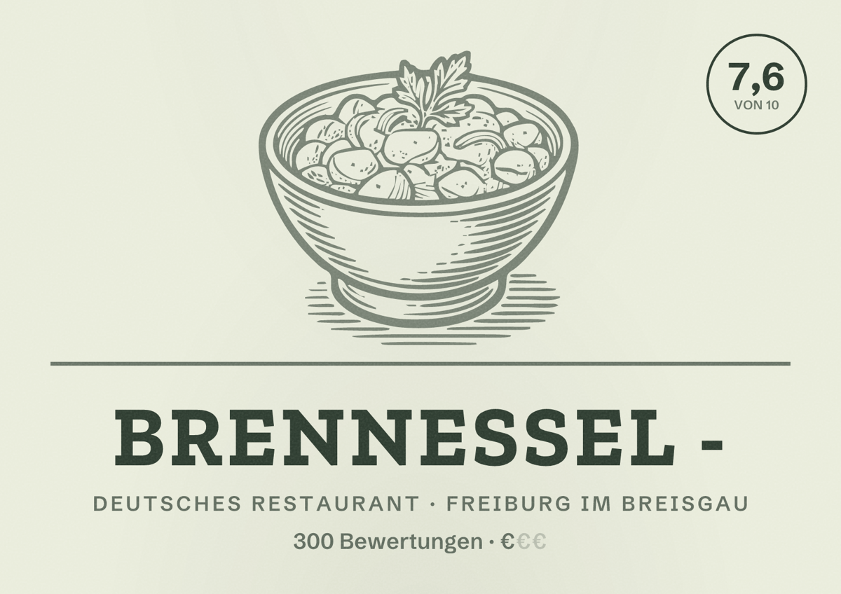 Illustriertes Poster von Brennessel -, Deutsches Restaurant in Freiburg im Breisgau: Bewertung 7,6 von 10 aus 300 Bewertungen, Preisniveau €