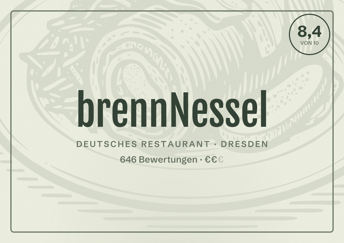 Illustriertes Poster von brennNessel, Deutsches Restaurant in Dresden: Bewertung 8,4 von 10 aus 646 Bewertungen, Preisniveau €€