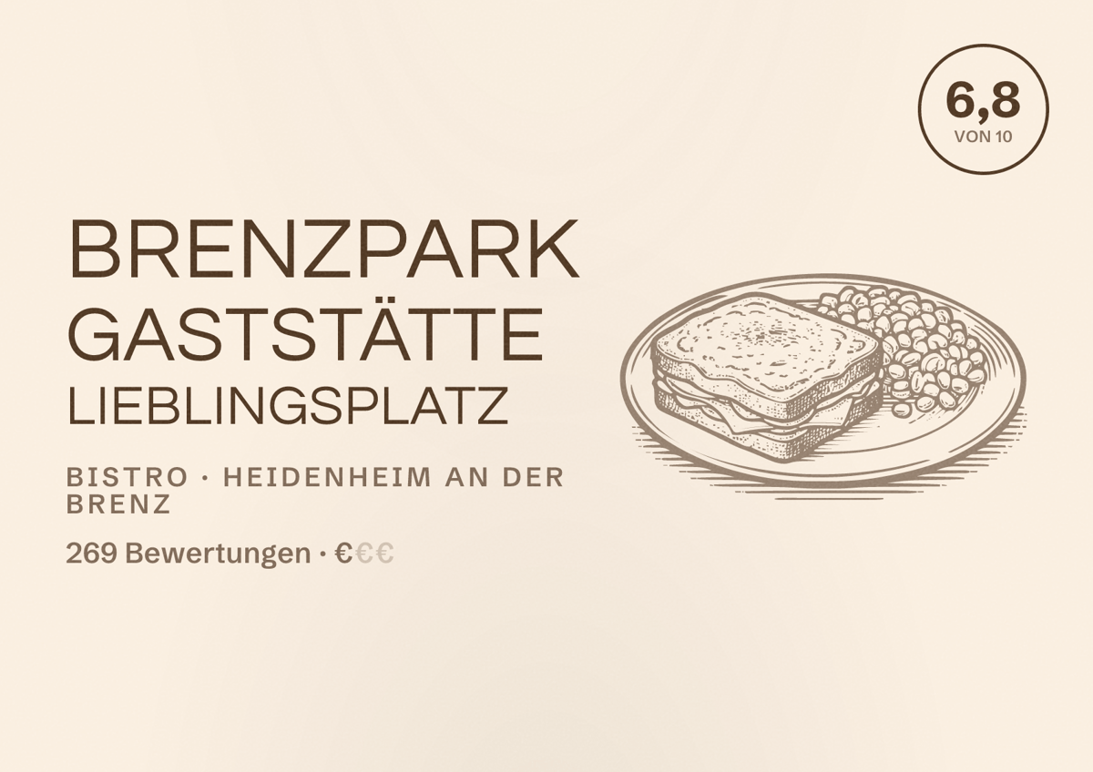 Illustriertes Poster von Brenzpark Gaststätte Lieblingsplatz, Bistro in Heidenheim an der Brenz: Bewertung 6,8 von 10 aus 269 Bewertungen, Preisniveau €