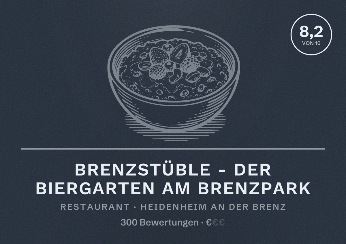 Illustriertes Poster von Brenzstüble - Der Biergarten am Brenzpark, Restaurant in Heidenheim an der Brenz: Bewertung 8,2 von 10 aus 300 Bewertungen, Preisniveau €