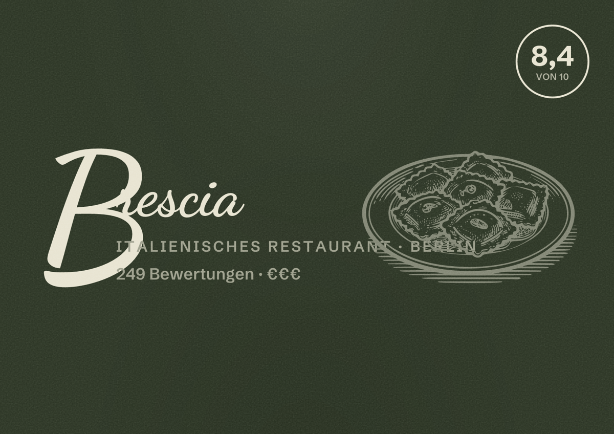 Illustriertes Poster von Brescia, Italienisches Restaurant in Berlin: Bewertung 8,4 von 10 aus 249 Bewertungen, Preisniveau €€€