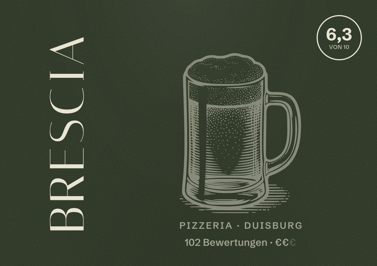 Illustriertes Poster von Brescia, Pizzeria in Duisburg: Bewertung 6,3 von 10 aus 102 Bewertungen, Preisniveau €€