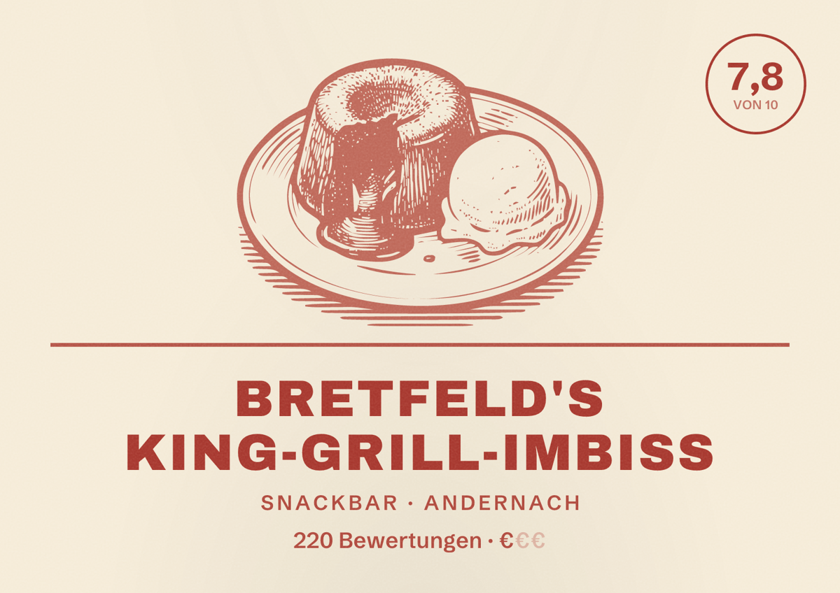 Illustriertes Poster von Bretfeld's King-Grill-Imbiss, Snackbar in Andernach: Bewertung 7,8 von 10 aus 220 Bewertungen, Preisniveau €