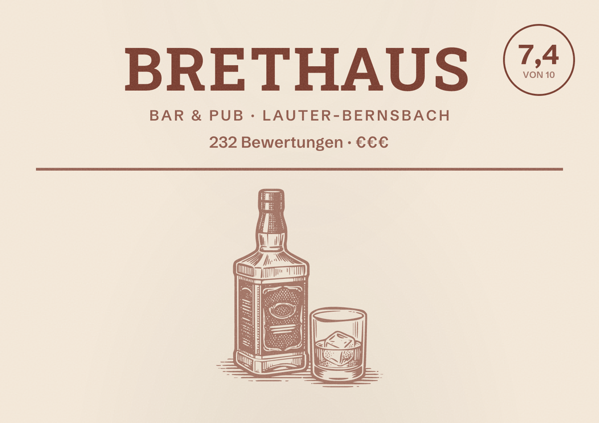 Illustriertes Poster von Brethaus, Bar & Pub in Lauter-Bernsbach: Bewertung 7,4 von 10 aus 232 Bewertungen, Preisniveau €€€