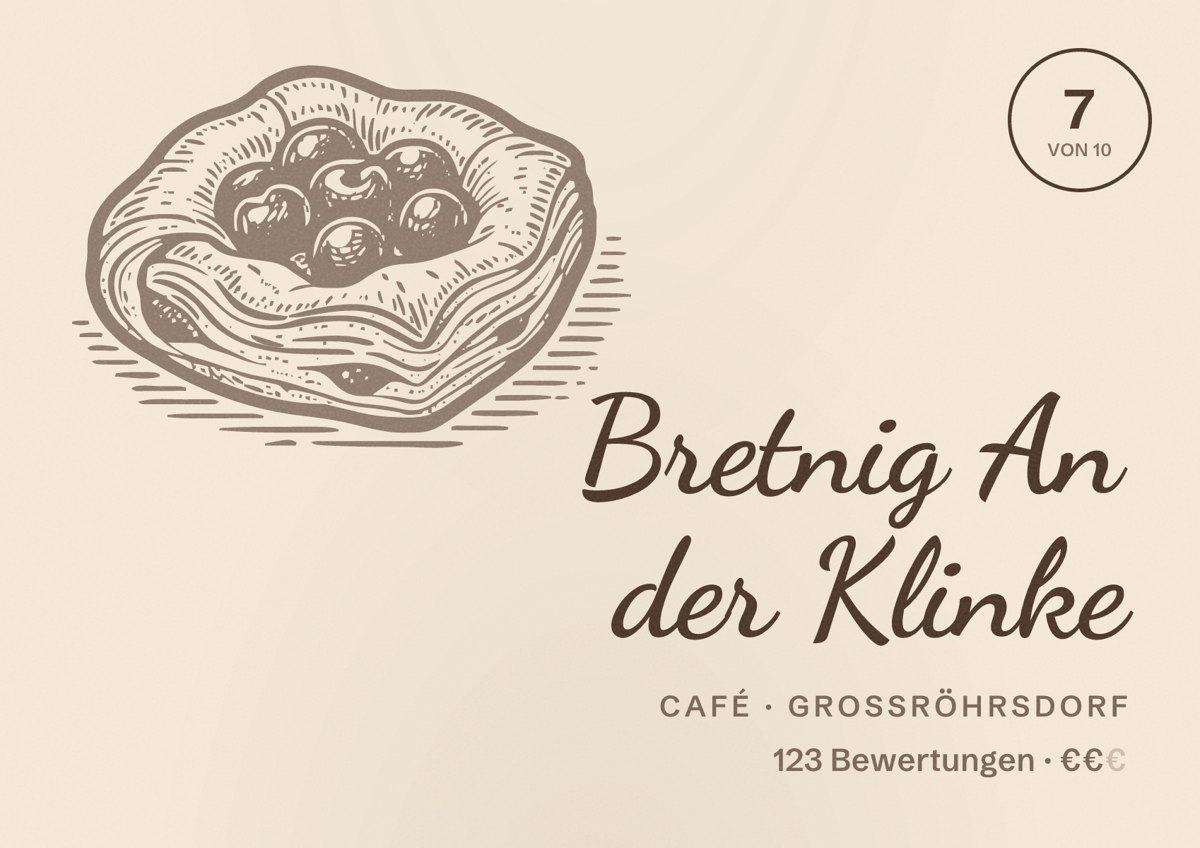 Illustriertes Poster von Bretnig An der Klinke, Café in Großröhrsdorf: Bewertung 7 von 10 aus 123 Bewertungen, Preisniveau €€