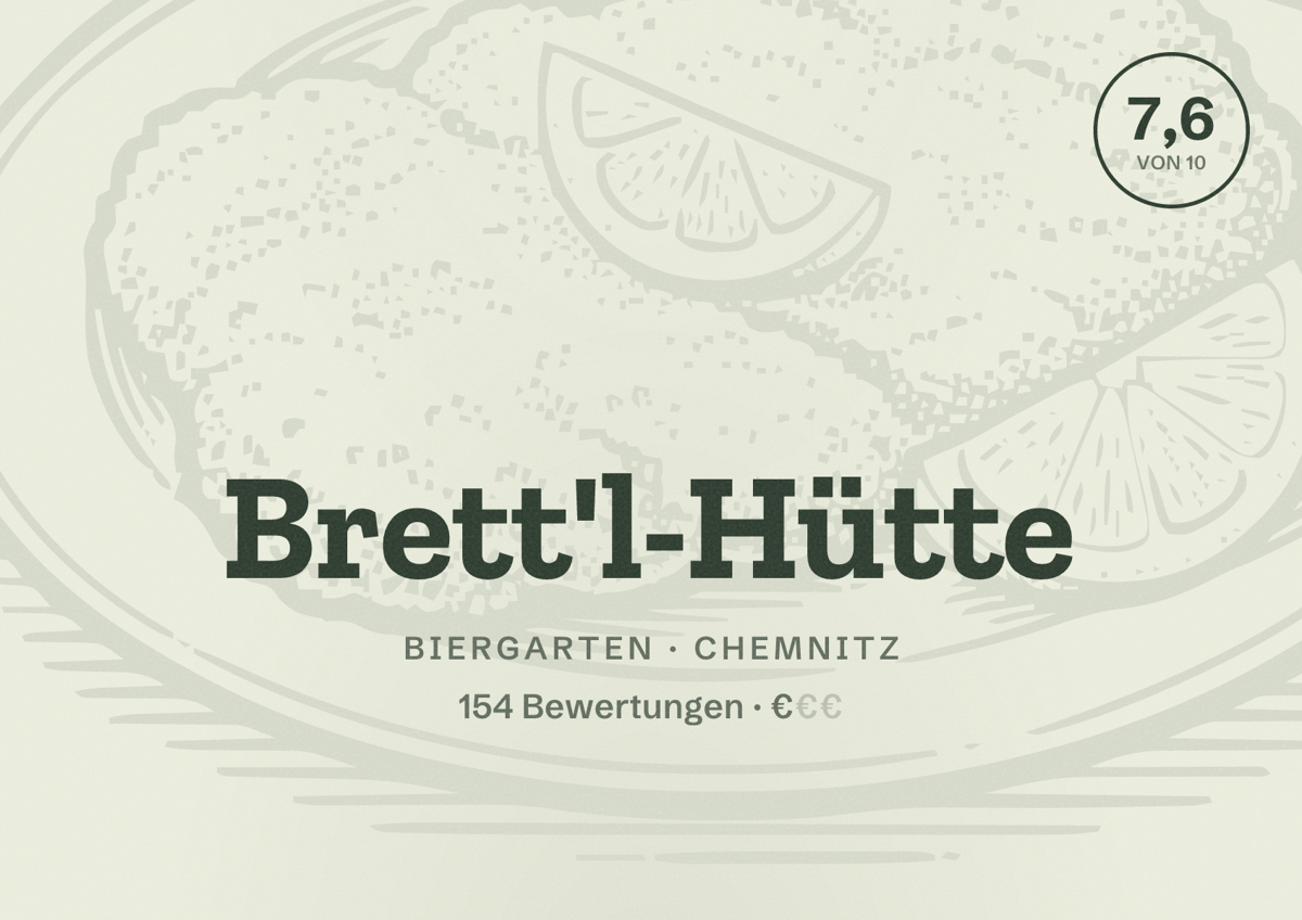 Illustriertes Poster von Brett'l-Hütte, Biergarten in Chemnitz: Bewertung 7,6 von 10 aus 154 Bewertungen, Preisniveau €