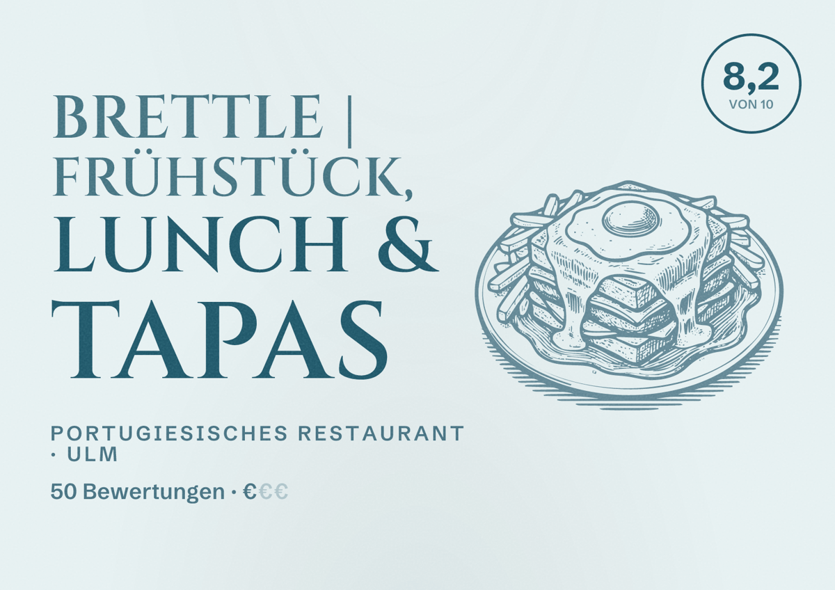 Illustriertes Poster von BRETTLE | Frühstück, Lunch & Tapas, Portugiesisches Restaurant in Ulm: Bewertung 8,2 von 10 aus 50 Bewertungen, Preisniveau €