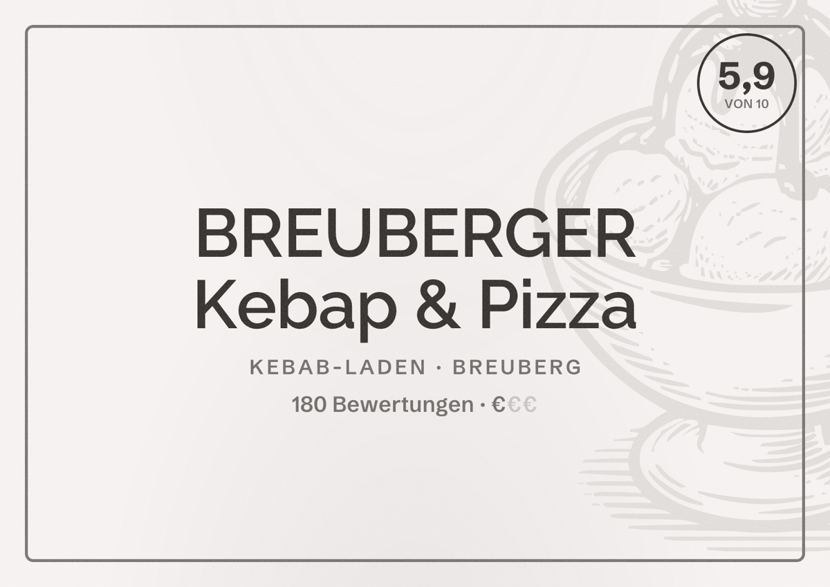 Illustriertes Poster von BREUBERGER Kebap & Pizza, Kebab-Laden in Breuberg: Bewertung 5,9 von 10 aus 180 Bewertungen, Preisniveau €
