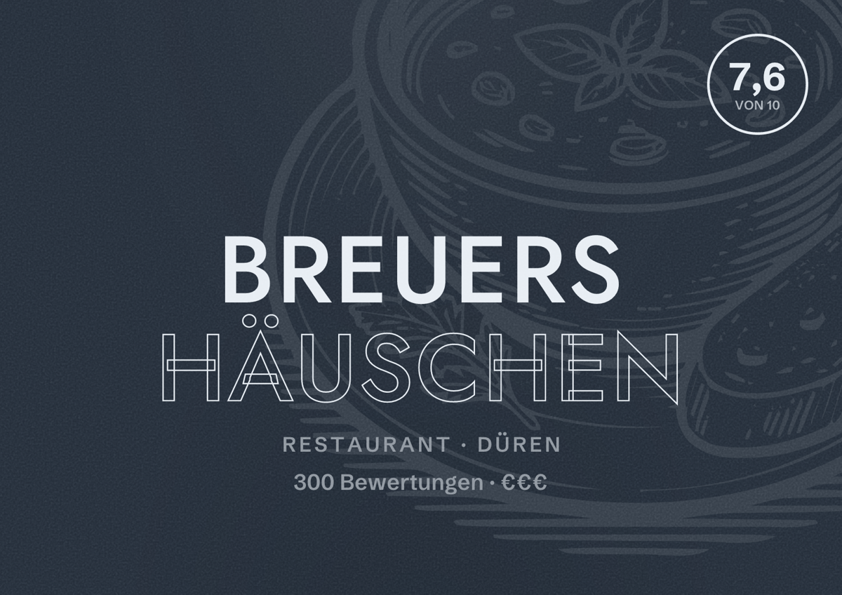 Illustriertes Poster von Breuers Häuschen, Restaurant in Düren: Bewertung 7,6 von 10 aus 300 Bewertungen, Preisniveau €€€