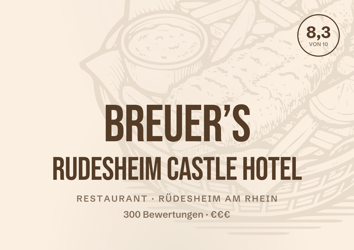 Illustriertes Poster von Breuer’s Rudesheim Castle Hotel, Restaurant in Rüdesheim am Rhein: Bewertung 8,3 von 10 aus 300 Bewertungen, Preisniveau €€€