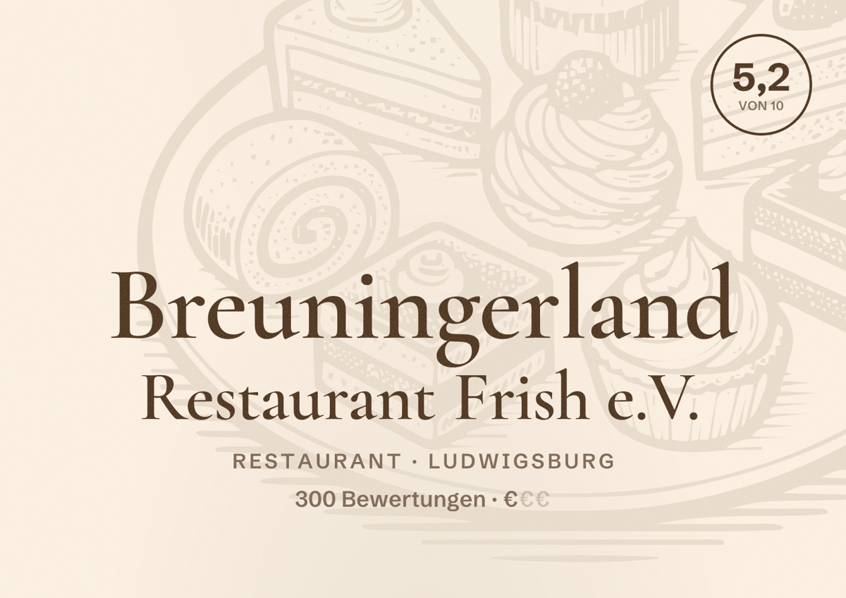 Illustriertes Poster von Breuningerland Restaurant Frish e.V., Restaurant in Ludwigsburg: Bewertung 5,2 von 10 aus 300 Bewertungen, Preisniveau €