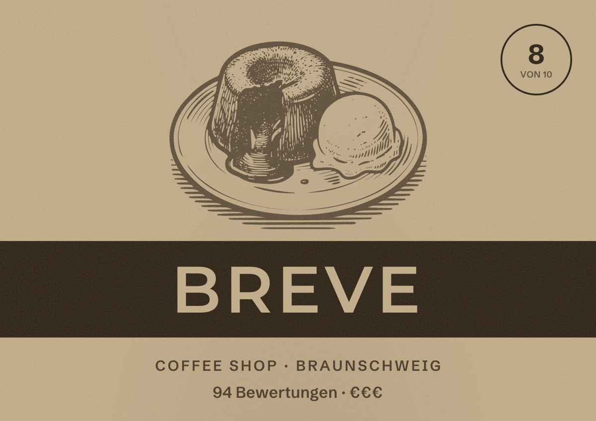 Illustriertes Poster von Breve, Coffee Shop in Braunschweig: Bewertung 8 von 10 aus 94 Bewertungen, Preisniveau €€€