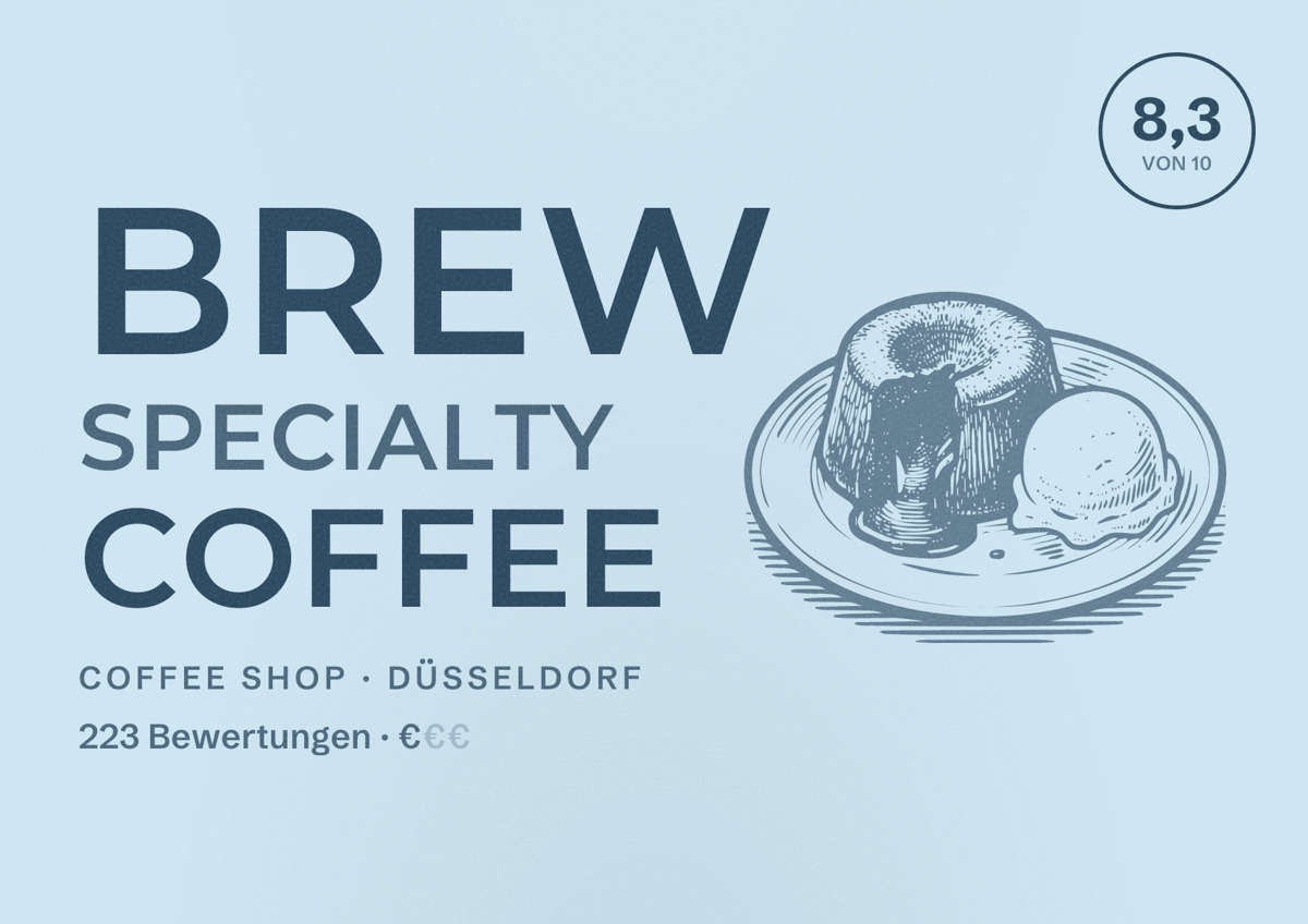 Illustriertes Poster von BREW Specialty Coffee, Coffee Shop in Düsseldorf: Bewertung 8,3 von 10 aus 223 Bewertungen, Preisniveau €